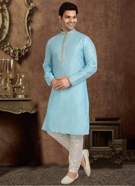 Sky Blue Colour Traditional Wear Jacquard silk Kurta Pajama Mens Collection 1225